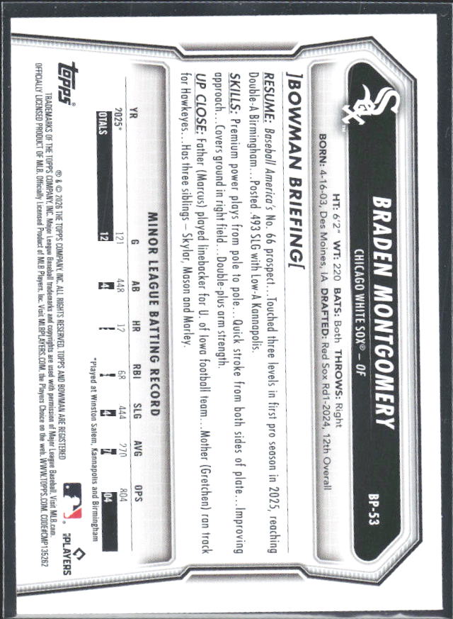 Braden Montgomery 2026 Bowman Prospects #BP-53 – baksida