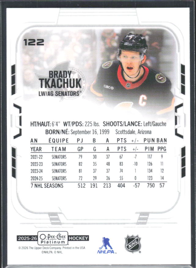 Brady Tkachuk 2025-26 O-Pee-Chee Platinum #122 – baksida