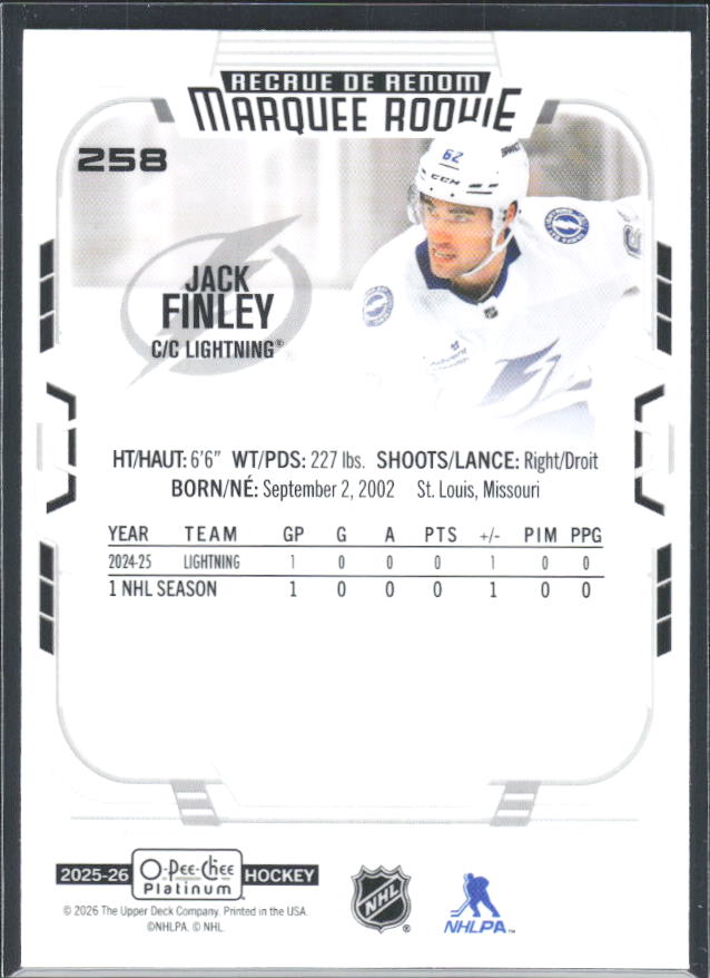 Jack Finley 2025-26 O-Pee-Chee Platinum Marquee Rookie #258 – baksida