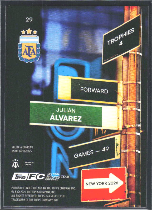 Julián Álvarez 2026 Argentina Team Set Block #29 – baksida