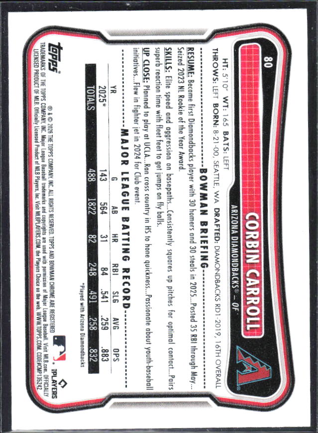 Corbin Carroll 2026 Bowman #80 – baksida