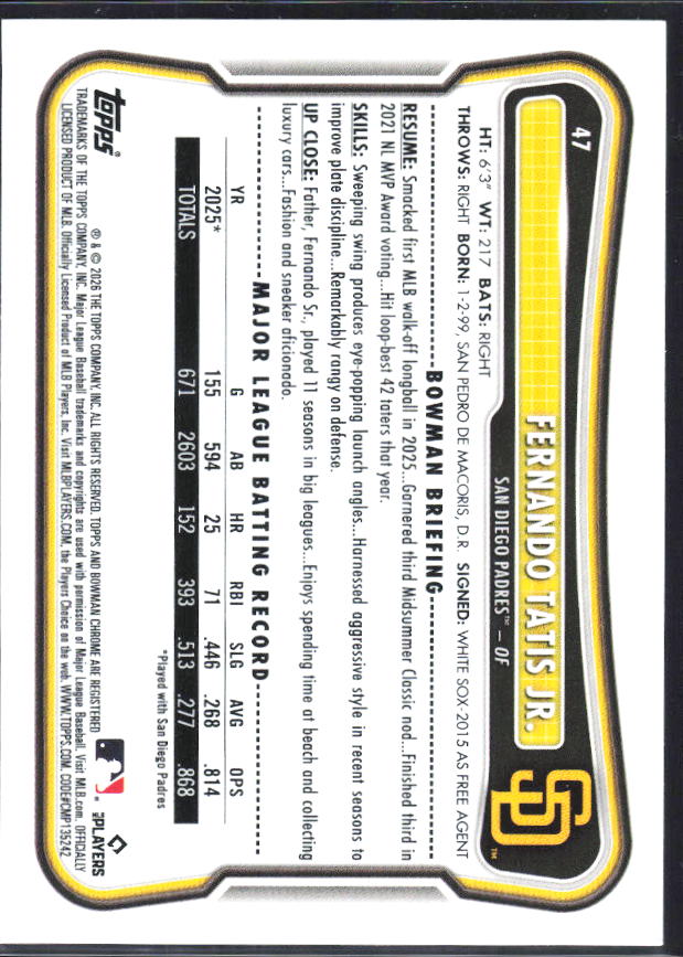 Fernando Tatis Jr. 2026 Bowman #47 – baksida