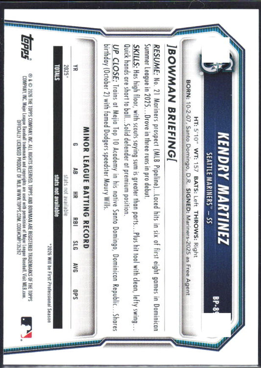 Kendry Martinez 2026 Bowman Prospects #BP-89 – baksida
