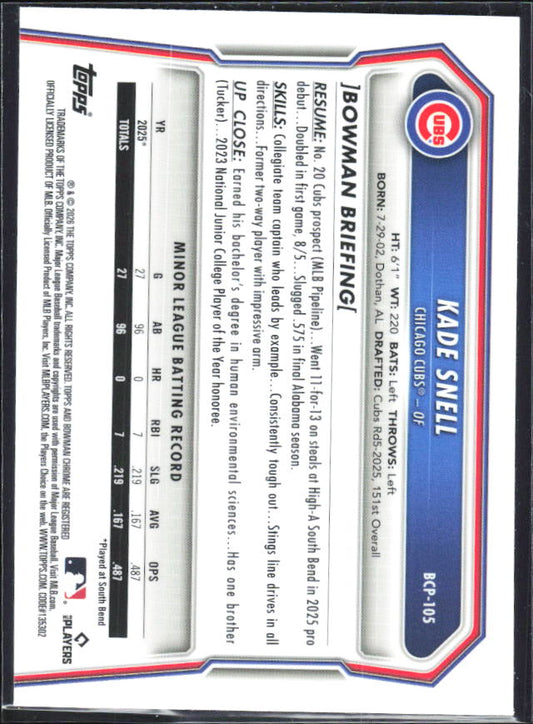 Kade Snell 2026 Bowman 1st Chrome Prospects #BCP-105 – baksida