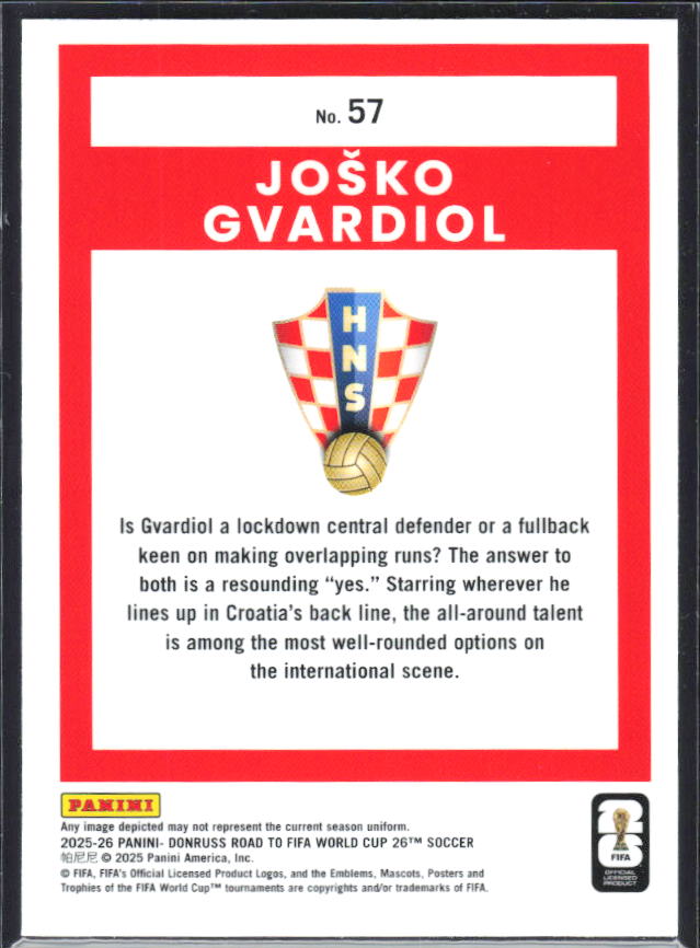 Joško Gvardiol 2025-26 Donruss Road to FIFA WC Optic #57 – baksida