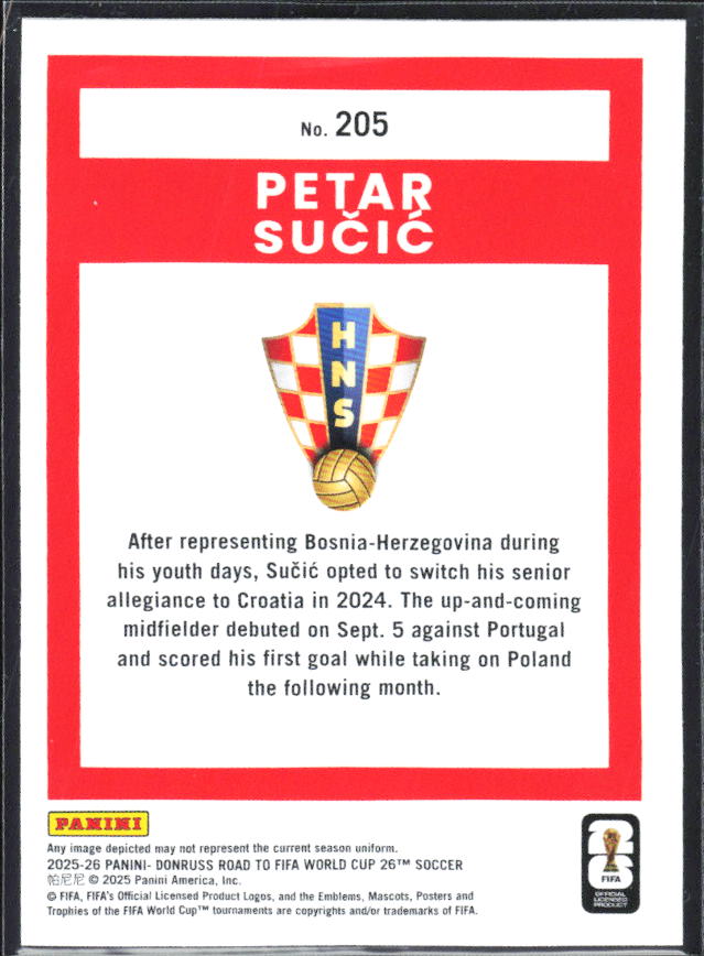 Petar Sučić 2025-26 Donruss Road to FIFA WC Rated Rookie #205 – baksida