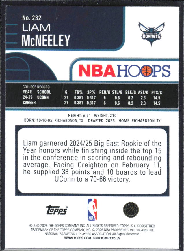 Liam McNeeley 2025-26 NBA Hoops RC #232 – baksida