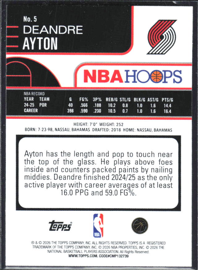 Deandre Ayton 2025-26 NBA Hoops #5 – baksida