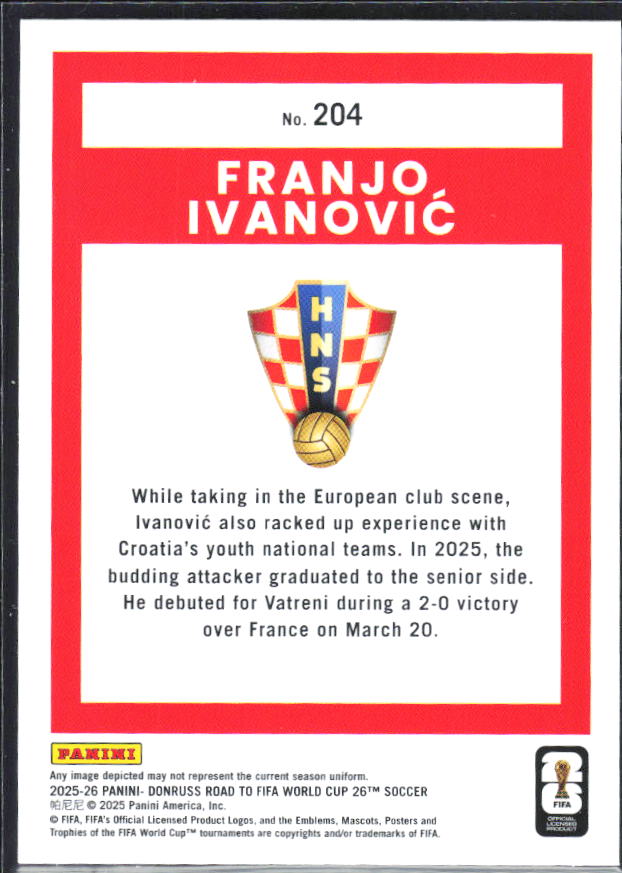 Franjo Ivanović 2025-26 Donruss Road to FIFA WC Rated Rookie #204 – baksida