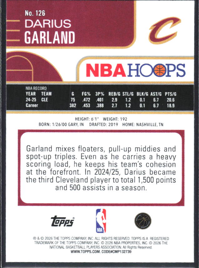Darius Garland 2025-26 NBA Hoops #126 – baksida