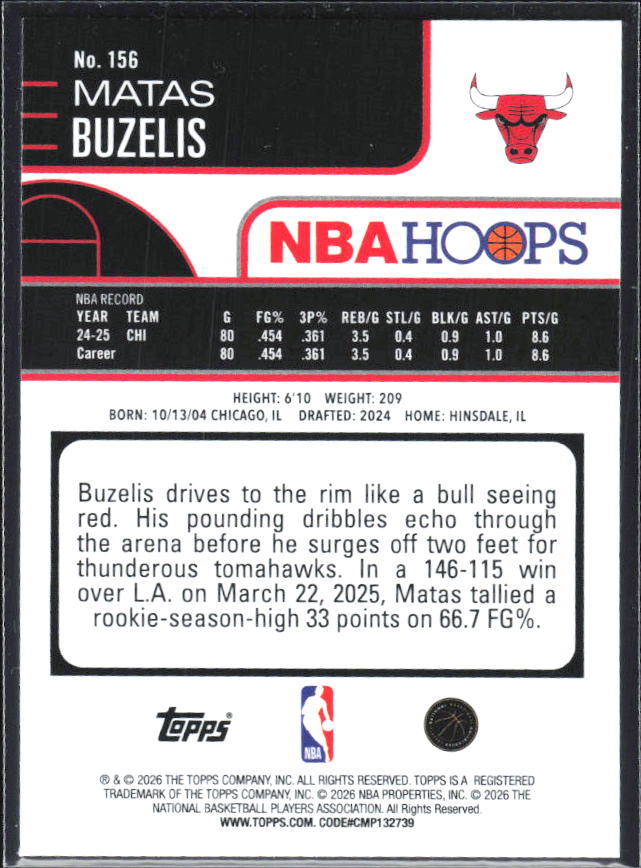 Matas Buzelis 2025-26 NBA Hoops #156 – baksida