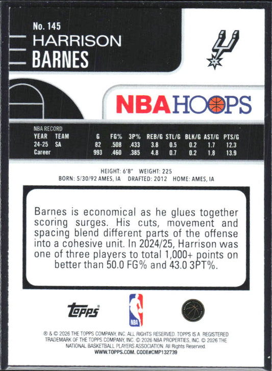 Harrison Barnes 2025-26 NBA Hoops #145 – baksida