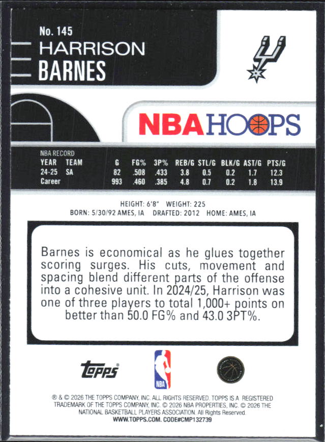 Harrison Barnes 2025-26 NBA Hoops #145 – baksida