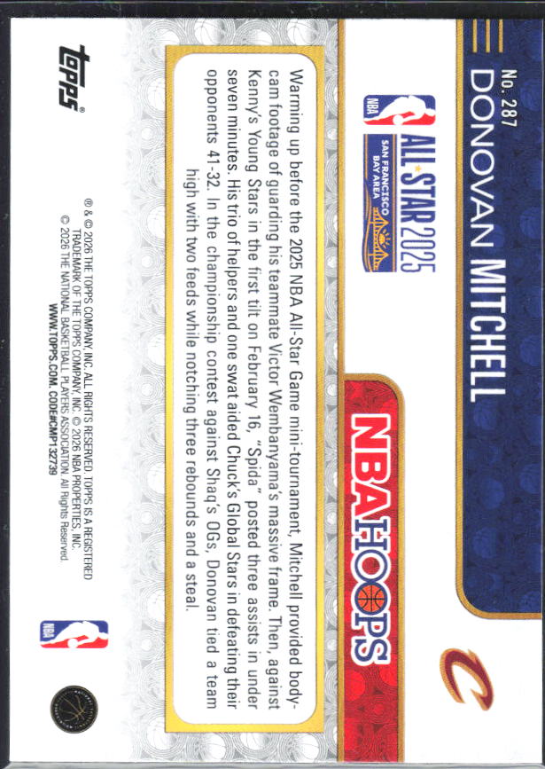 Donovan Mitchell 2025-26 NBA Hoops All-Star 2025 #287 – baksida