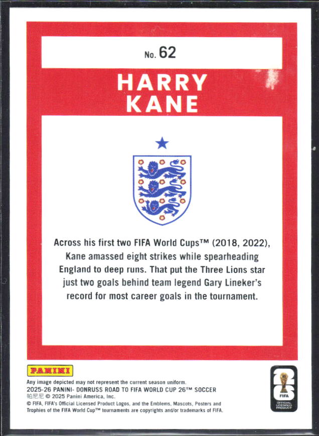 Harry Kane 2025-26 Donruss Road to FIFA WC #62 – baksida