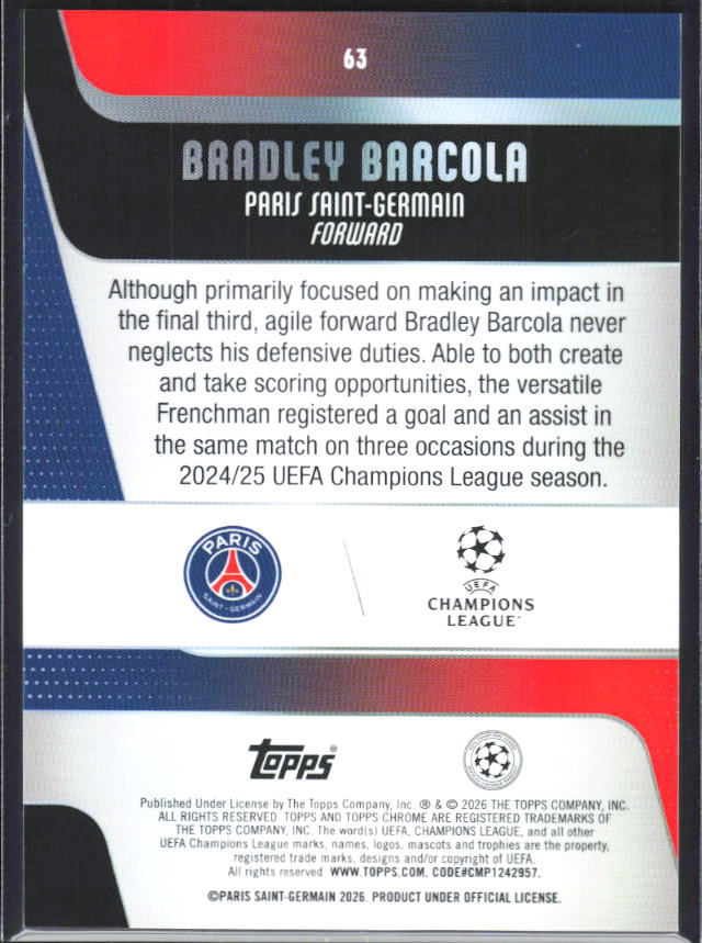 Bradley Barcola 2025-26 Chrome UEFA #63 – baksida