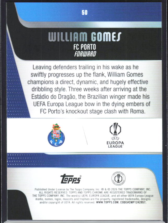 William Gomes 2025-26 Chrome UEFA #50 – baksida
