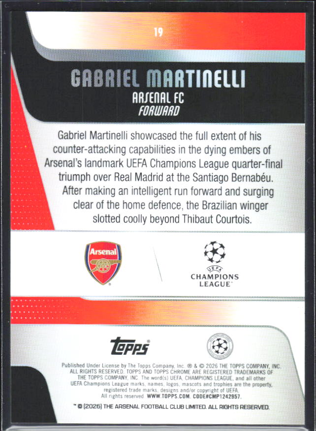 Gabriel Martinelli 2025-26 Chrome UEFA #19 – baksida