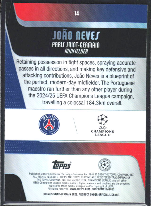 João Neves 2025-26 Chrome UEFA #14 – baksida