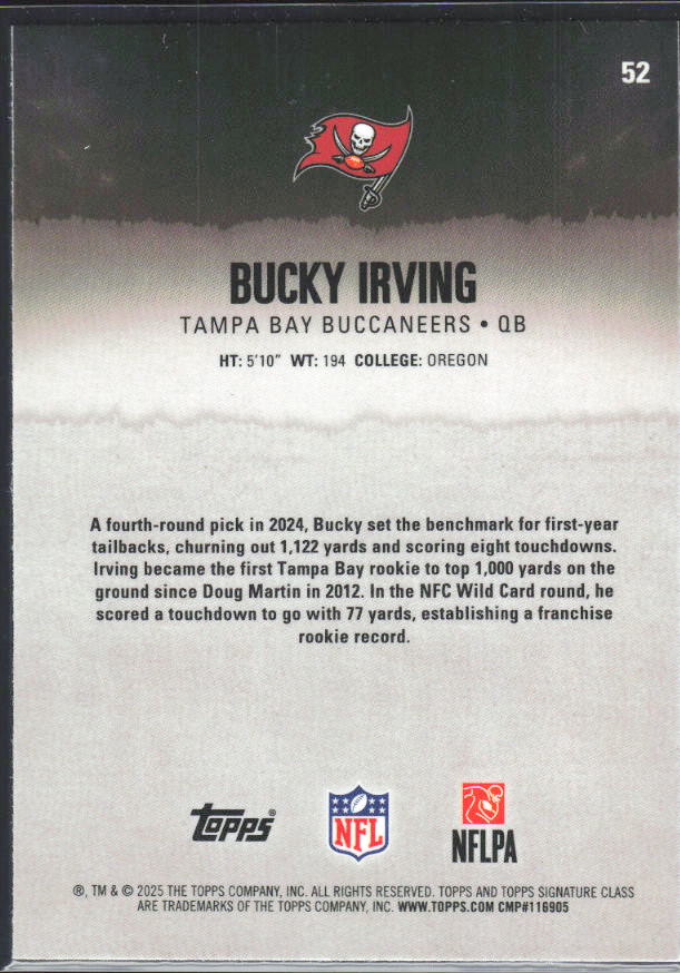 Bucky Irving 2025 Signature Class #52 – baksida
