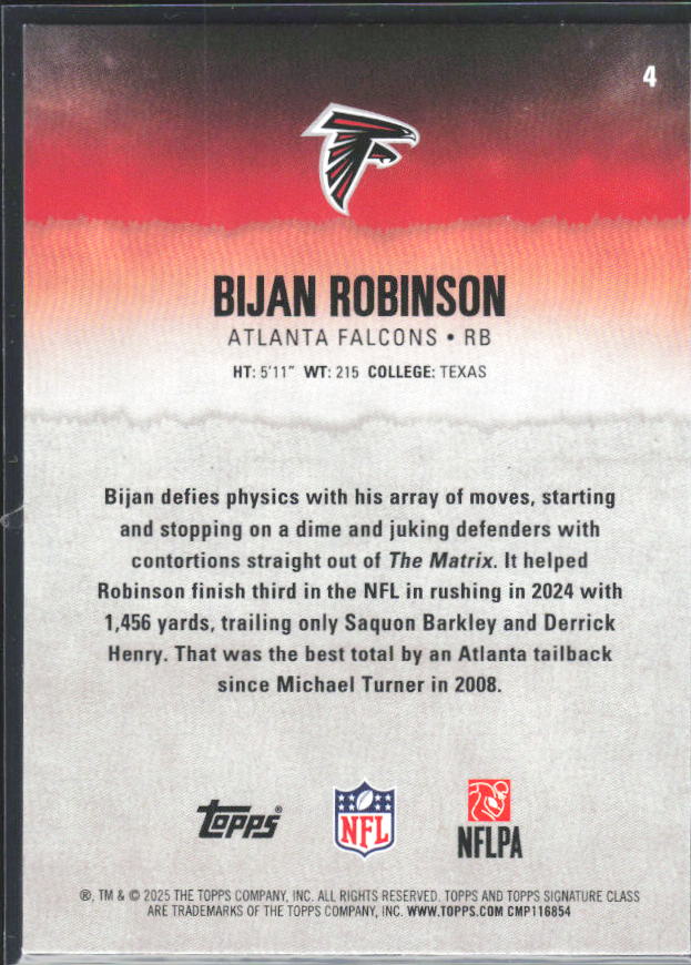 Bijan Robinson 2025 Signature Class #4 – baksida