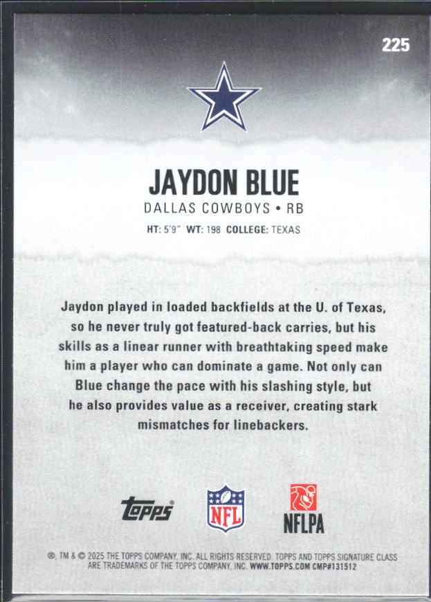 Jaydon Blue 2025 Signature Class RC #225 – baksida