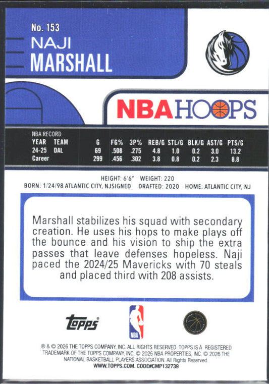 Naji Marshall 2025-26 NBA Hoops #153 – baksida