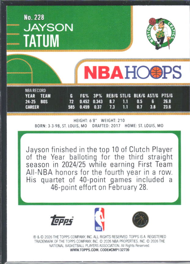 Jayson Tatum 2025-26 NBA Hoops #228 – baksida