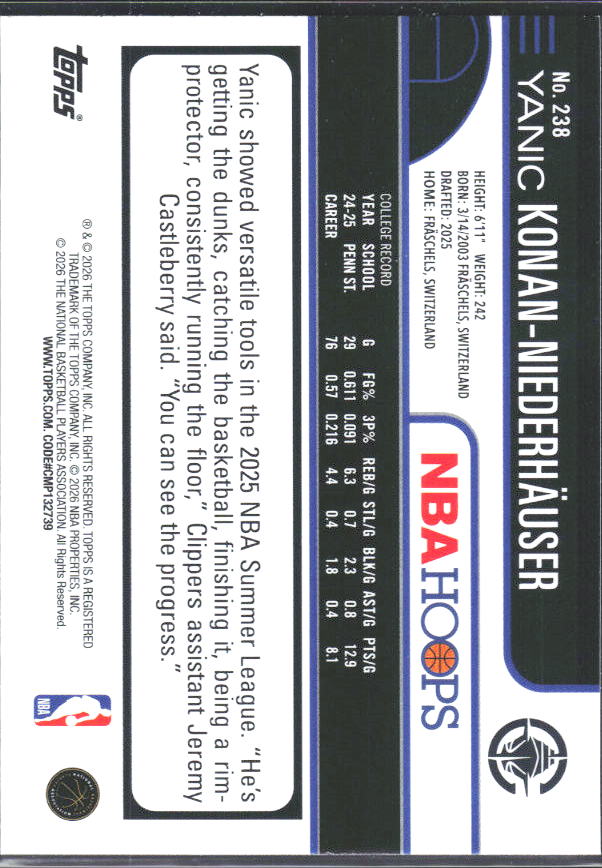 Yanic Konan-Niederhauser 2025-26 NBA Hoops RC #238 – baksida