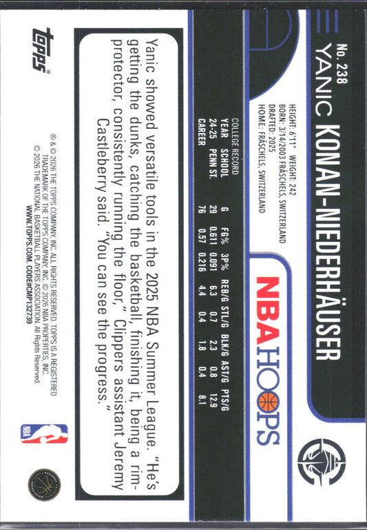 Yanic Konan-Niederhauser 2025-26 NBA Hoops RC #238 – baksida