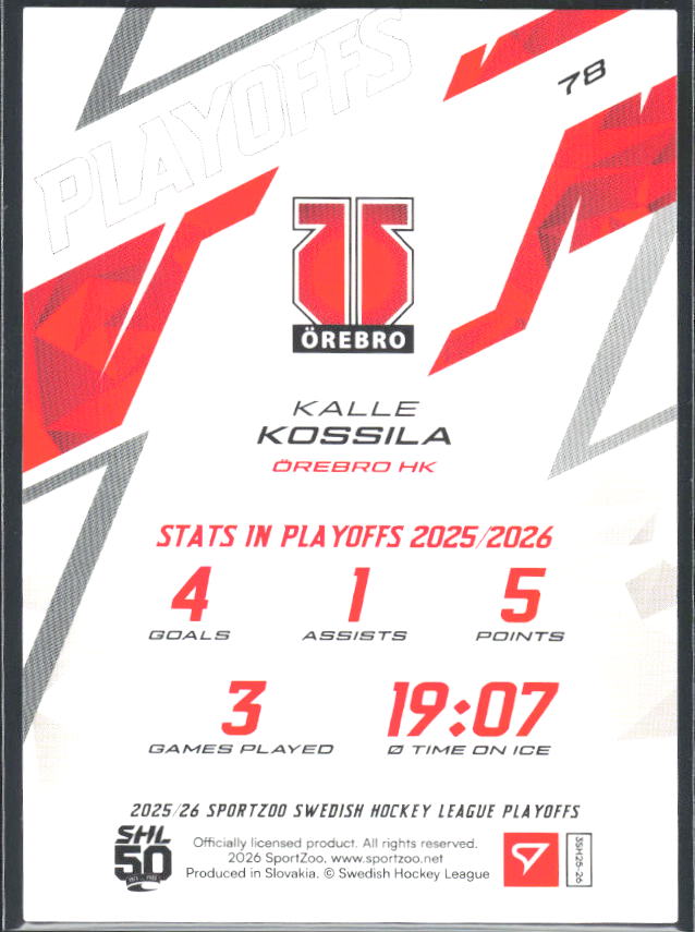 Kalle Kossila 2025-26 SHL Playoffs #78 – baksida