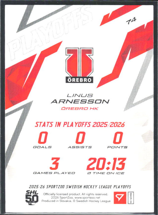Linus Arnesson 2025-26 SHL Playoffs #74 – baksida