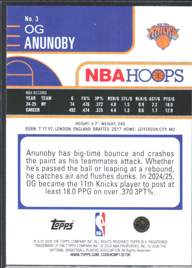 OG Anunoby 2025-26 NBA Hoops #3 – baksida