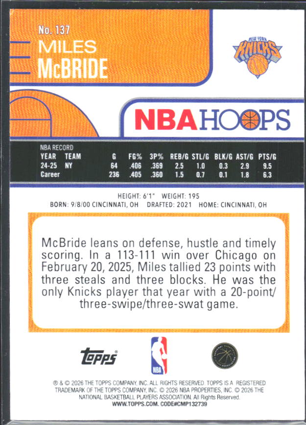 Miles McBride 2025-26 NBA Hoops #137 – baksida
