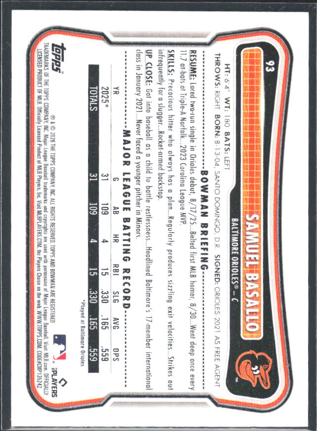 Samuel Basallo 2026 Bowman RC #93 – baksida