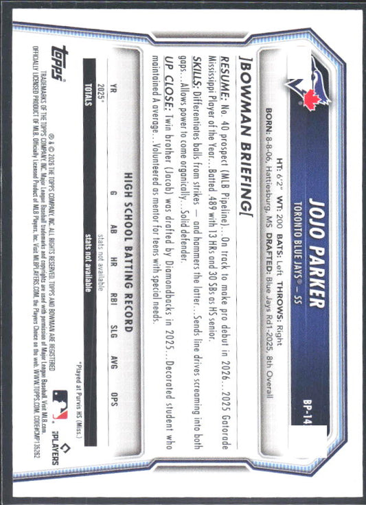 JoJo Parker 2026 Bowman Prospects #BP-147 – baksida