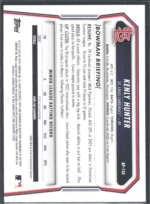 Kenly Hunter 2026 Bowman 1st Prospects #BP-130 – baksida