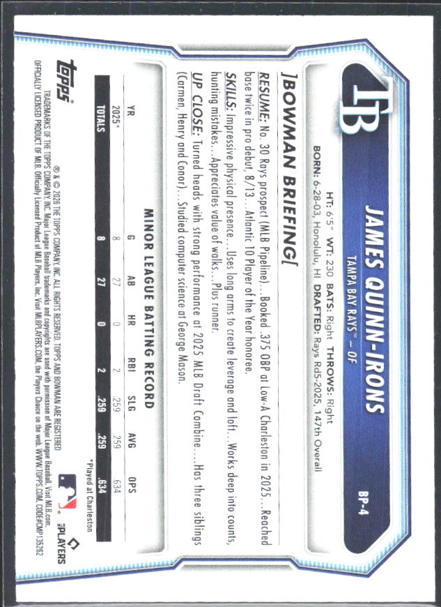 James Quinn-Irons 2026 Bowman 1st Prospects #BP-4 – baksida