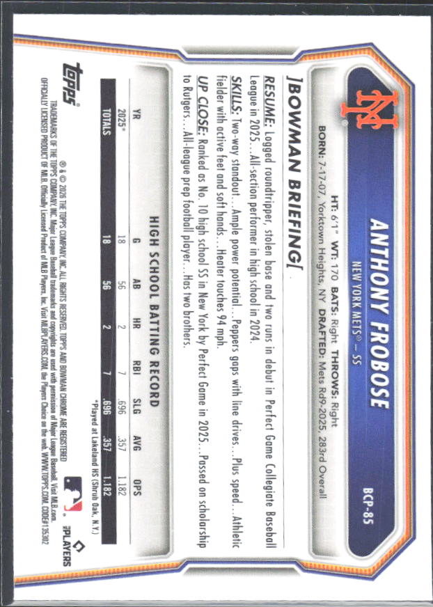 Anthony Frobose 2026 Bowman 1st Chrome Prospects #BCP-85 – baksida