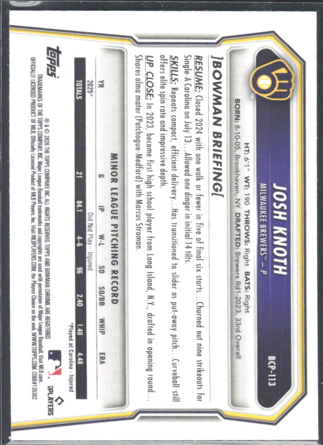 Josh Knoth 2026 Bowman Chrome Prospects #BCP-113 – baksida
