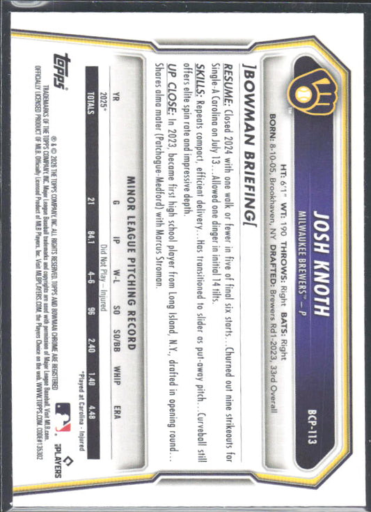 Josh Knoth 2026 Bowman Chrome Prospects #BCP-113 – baksida