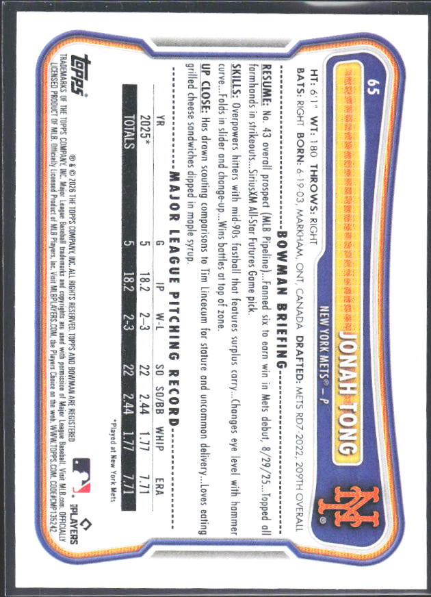 Jonah Tong 2026 Bowman RC #65 – baksida