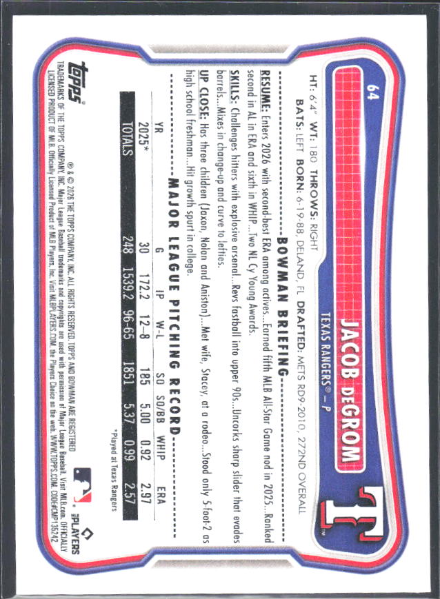 Jacob deGrom 2026 Bowman #64 – baksida