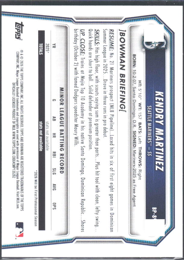 Kendry Martinez 2026 Bowman Prospects #BP-89 – baksida