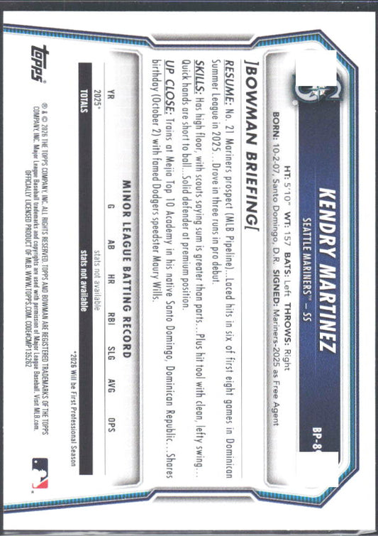 Kendry Martinez 2026 Bowman Prospects #BP-89 – baksida