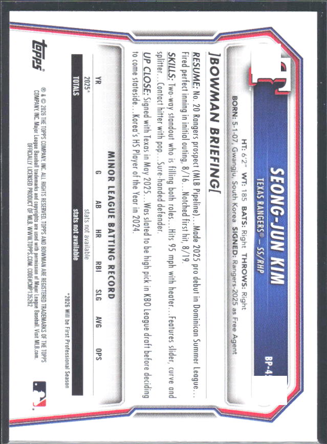 Seong-Jun Kim 2026 Bowman 1st Prospects #BP-45 – baksida