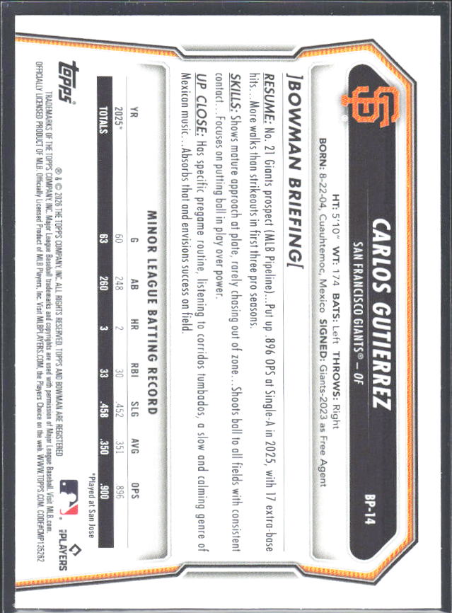 Carlos Gutierrez 2026 Bowman 1st Prospects #BP-14 – baksida