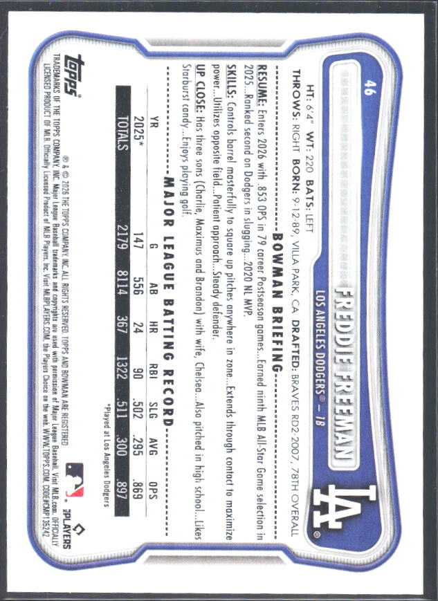 Freddie Freeman 2026 Bowman #46 – baksida