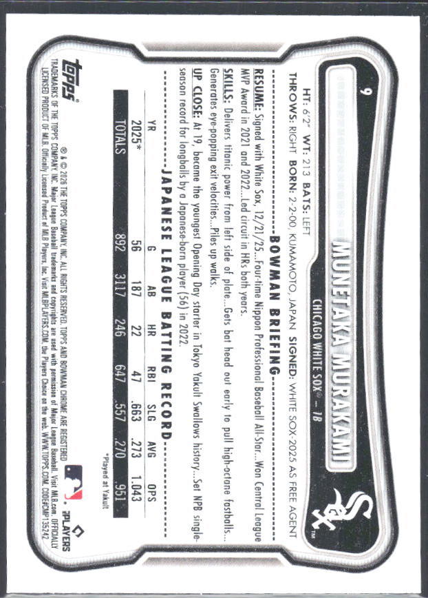 Munetaka Murakami 2026 Bowman RC #9 – baksida