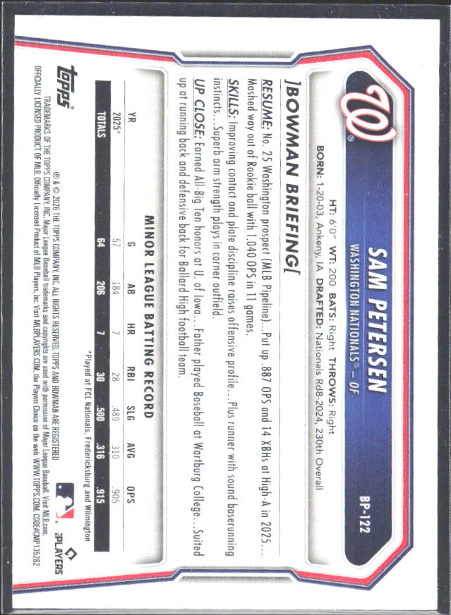 Sam Petersen 2026 Bowman 1st Prospects #BP-122 – baksida